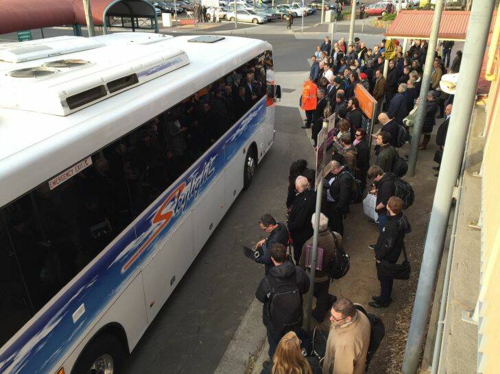Hundreds of stranded commuters wait at Sunbury station for buses after train services were severely disrupted this morning. Photo by Paul Rovere/Fairfax Media. Photo: Paul Rovere