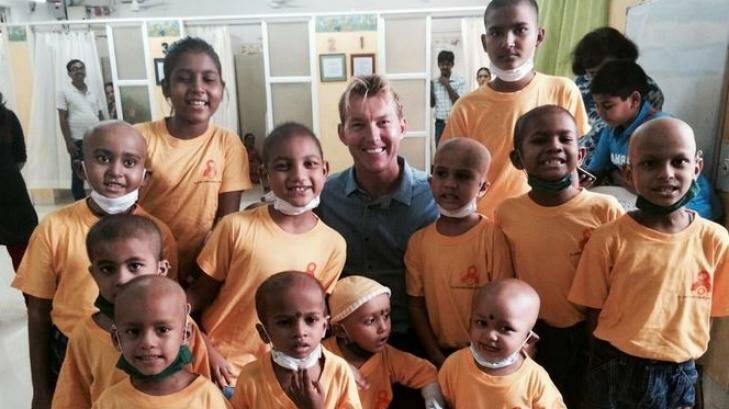 Brett Lee pictured this week with children in India, involved in his non-profit education program, Mewsic. Photo: Twitter