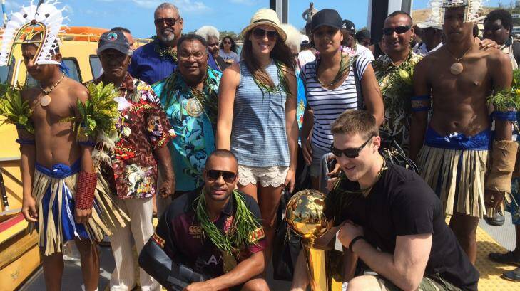 Warm welcome: Patty Mills and Aron Baynes were overwhelmed by the reception they received from the locals at Mills' ancestral home in the Torres Straight Islands. Photo: NBA
