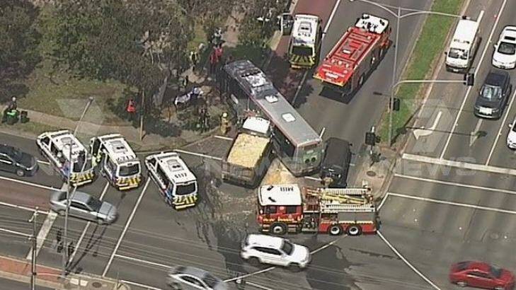 An aerial view of the crash at the junction of Foote Street and Williamsons Road in Templestowe. Photo: Courtesy of Seven News