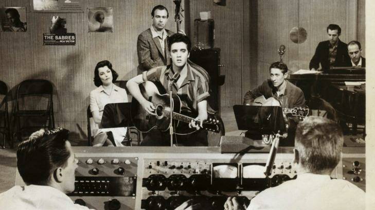 Elvis Presley playing a Maton HG100, made in Melbourne, in the movie Jailhouse Rock, 1957. Photo: Supplied