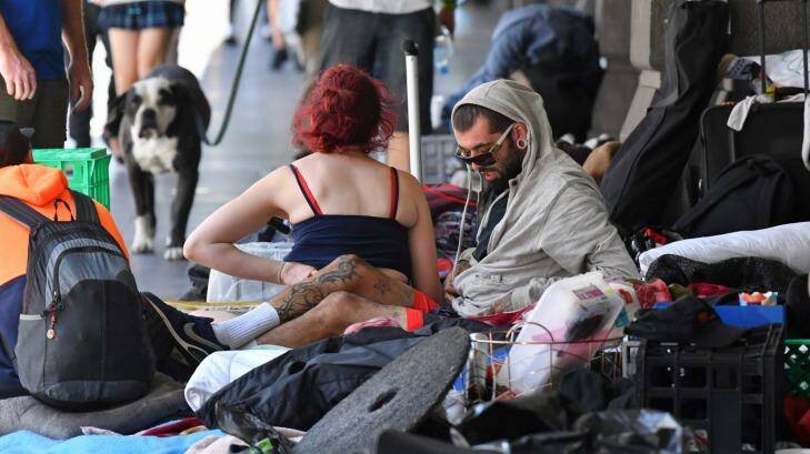 The homeless camp outside Flinders Street Station on Wednesday. Photo: Joe Armao