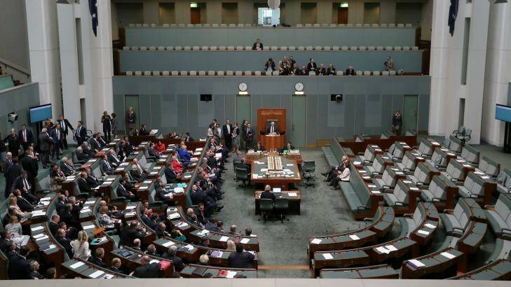 The lower house votes on the metadata laws, with Adam Bandt, Cathy McGowan and Andrew Wilkie the lone figures opposed. Photo: Alex Ellinghausen