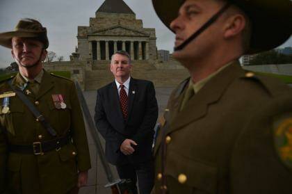(centre) Anthony McAleer, Author of a book about the Shrine guards and George Ingram, one of the orginal guards. 18th August 2015. The Age Fairfaxmedia News Picture by JOE ARMAO