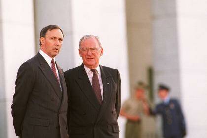 Bill Hayden (right) and Paul Keating at the announcement of the new Governor General Sir William Deane.