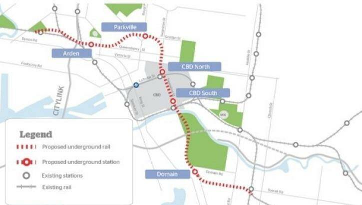 The proposed route of the $11 billion Melbourne Metro, from Kensington to South Yarra.