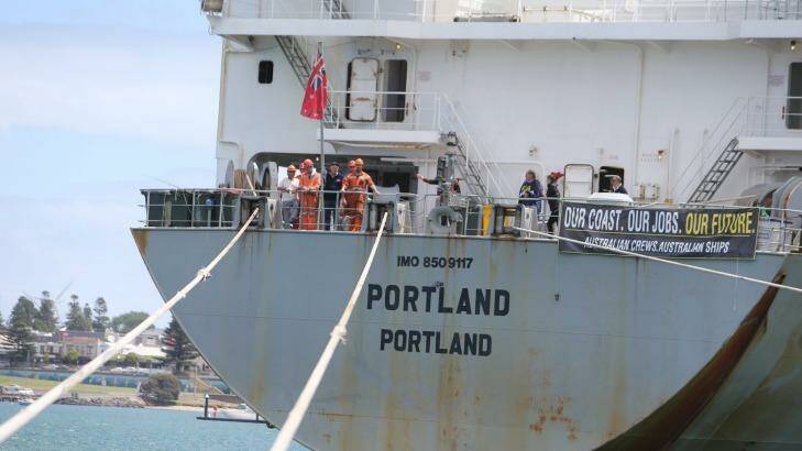 Protesting crew members on the MV Portland last year.  Photo: Amy Paton