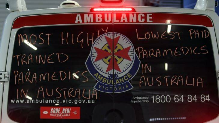 Slogans on vehicles at Warrnambool Ambulance before the last state election.  Photo: Damian White