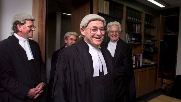 Adrian Smithers and fellow judges in his chambers following his retirement ceremony in 2002. Photo: Simon Schluter