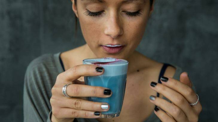 Yep, it's blue: Matcha Mylkbar co-owner Zoe Annabel with a blue algae latte.. Photo: Simon Schluter