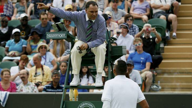 Stoush: Kyrgios remonstrates with the umpire.  Photo: Reuters 