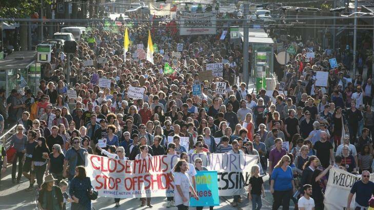 Thousands flooded through Melbourne in Thursday's 'Let Them Stay' rally. Photo: Wayne Taylor
