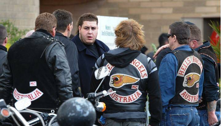 Omar Chaouk with Hells Angels at the funeral of his father, Macchour Chaouk, in 2010. Photo: Craig Abraham