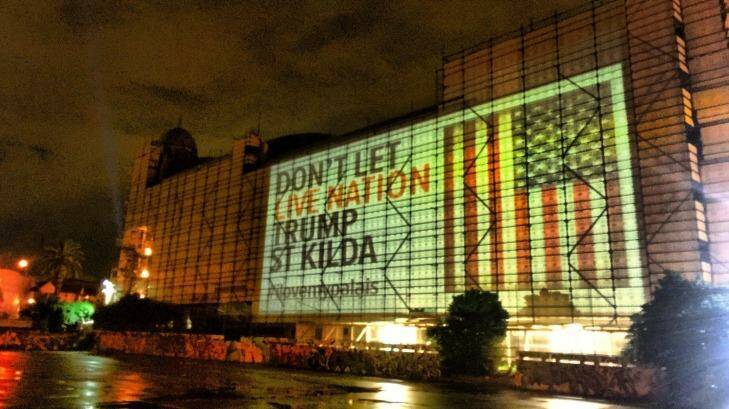 Opponents of music giant Live Nation getting a lease for The Palais last week projected this image onto the venue. 