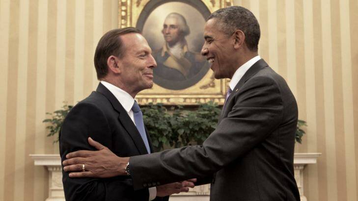 Tony Abbott, pictured in the Oval Office last year, received a coloured print of Ed Ruscha's Column with Speed Lines from US  President Barack Obama, but the print will remain in the prime minister's Canberra suite. Mr Abbott will keep a set of cufflinks received from Secretary of State John Kerry.  Photo: Andrew Meares