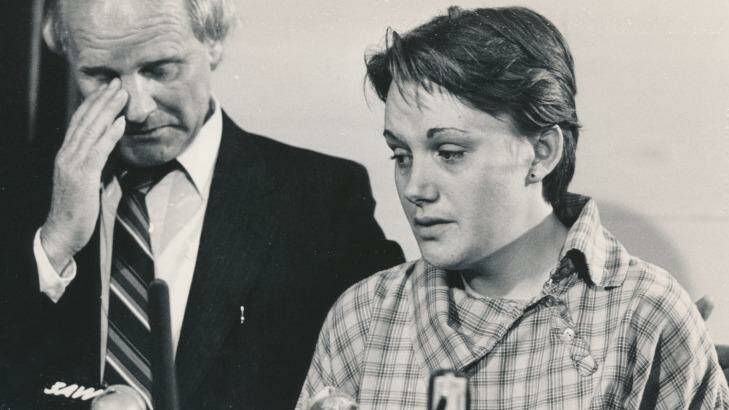 Kylie Maybury's mother Julie and her grandfather, John Moss, at a press conference in November 1984. Photo: John Lamb