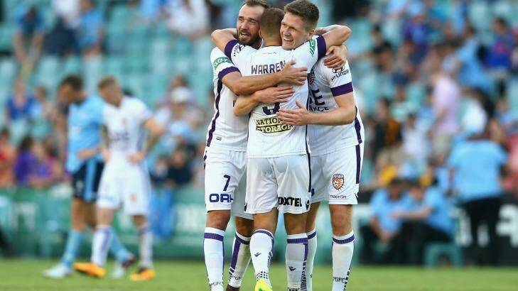 Finals push:  Gyorgy Sandor , Marc Warren and Alexander Grant celebrate after the Glory's win. Photo: Cameron Spencer
