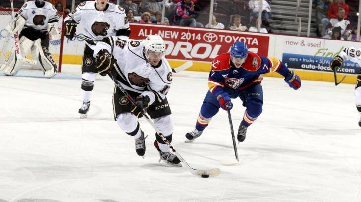 Nathan Walker on the attack for the Hershey Bears. Photo: Bill Duh & Nancy Attrill, JustSports Photography.