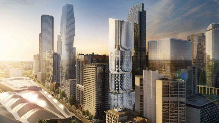 The tiered building, wrapped in white latticework, will rise 54 storeys above the western end of Collins Street. Photo: Supplied