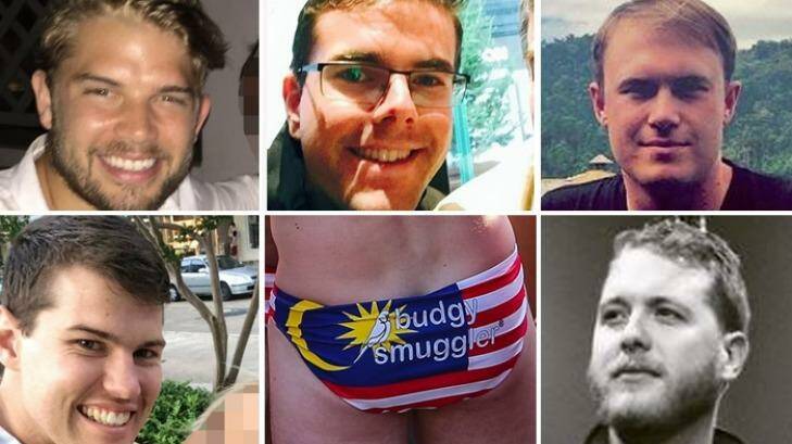 Five of the Australians in trouble in Malaysia over wearing budgie smugglers with the Malaysian flag on them (clockwise from top left): Edward Leaney, Timothy Yates, Tom Laslett, Jack Walker and James Paver.