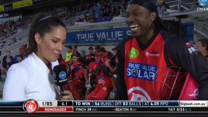 Chris Gayle and Mel McLaughlin during the uncomfortable exchange Photo: Screen grab