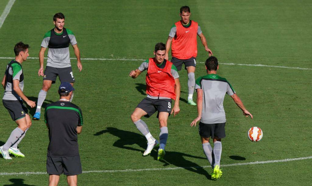 The Socceroos train in Newcastle on Sunday.
 Photo: Peter Stoop
