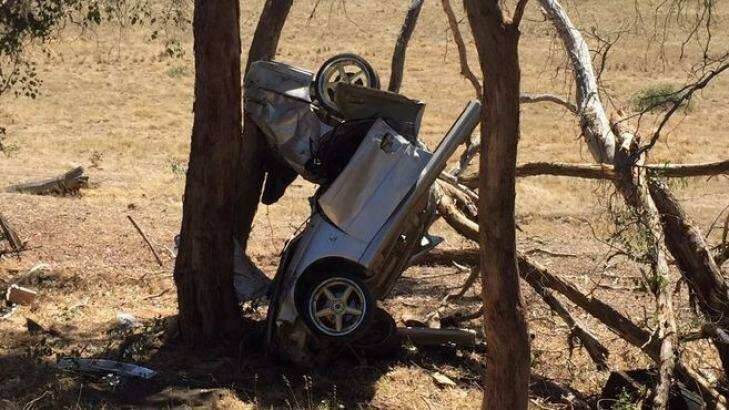 The wreckage of the silver sedan at Pyalong. Photo: Courtesy of Christie Cooper, Seven News