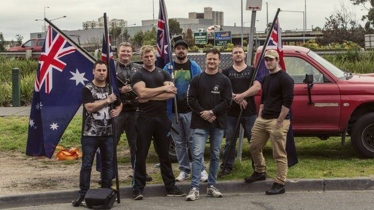 Members of the United Patriots Front, including Neil Erikson (middle), will take their anti-Islam fight to Bendigo on Saturday.   Photo: Meredith O'Shea