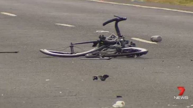 The cyclist's mangled bike after the hit-run at Toolern Vale. Photo: Courtesy of Seven News.