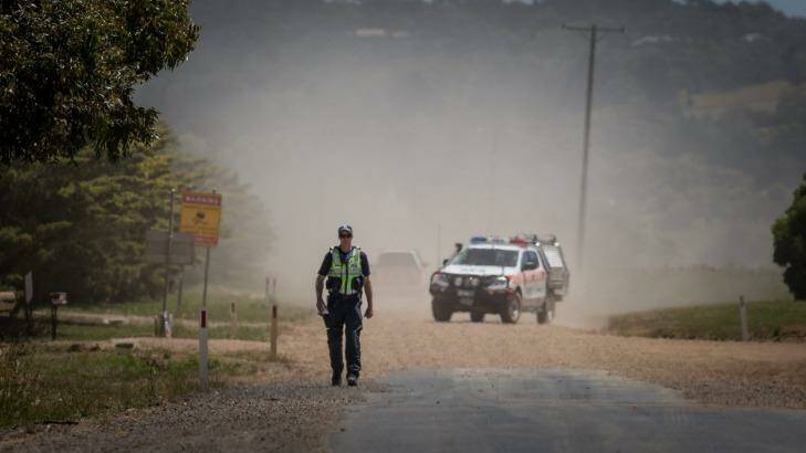 Police and SES search properties near Toolernvale in Melbourne's north-west as the investigation into the disappearance of missing mother Karen Ristevski continues.  Photo: Jason South