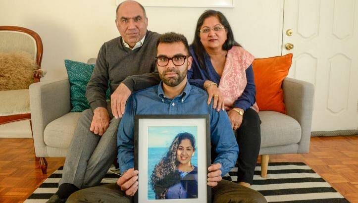 Nikita Chawla's parents, Umesh and Sunila, and her brother, Tarang.  Photo: Penny Stephens