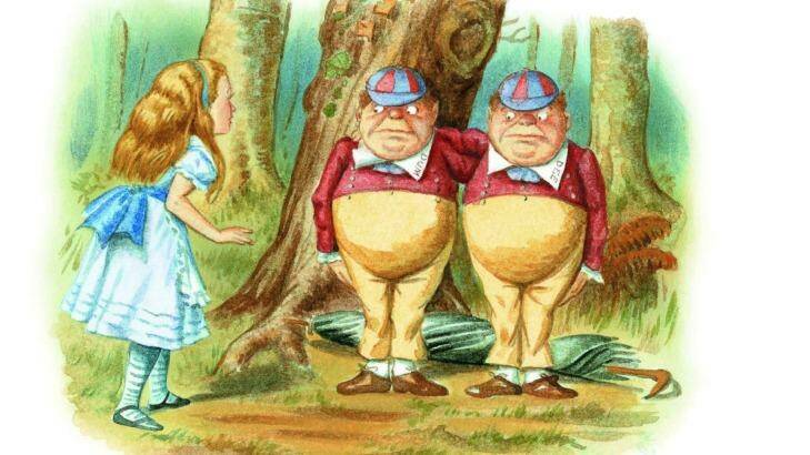 Alice meets Tweedle Dum and Tweedle Dee in  <i>The Complete Alice</i>. Illustrations coloured by Diz Wallis,  Macmillan Publishers Limited, 1995. Photo: Supplied