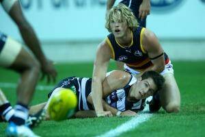 Andrew Mackie has eyes only for the ball as Rory Sloane of the Crows watches on. Photo: Pat Scala