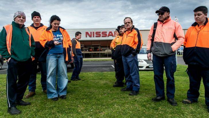 Nissan workers outside the Dandenong South warehouse. Photo: Justin McManus