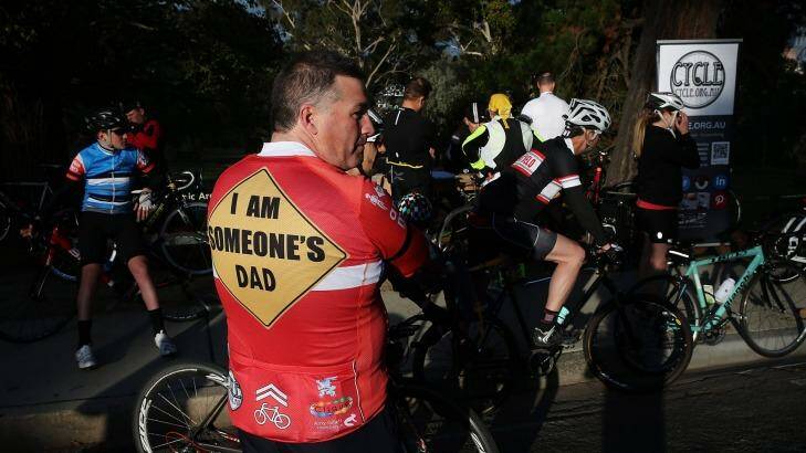 One of the bike riders who rode a 13km circuit around Kew Boulevard to protest against someone who had been laying tacks on the road. Photo: Paul Jeffers