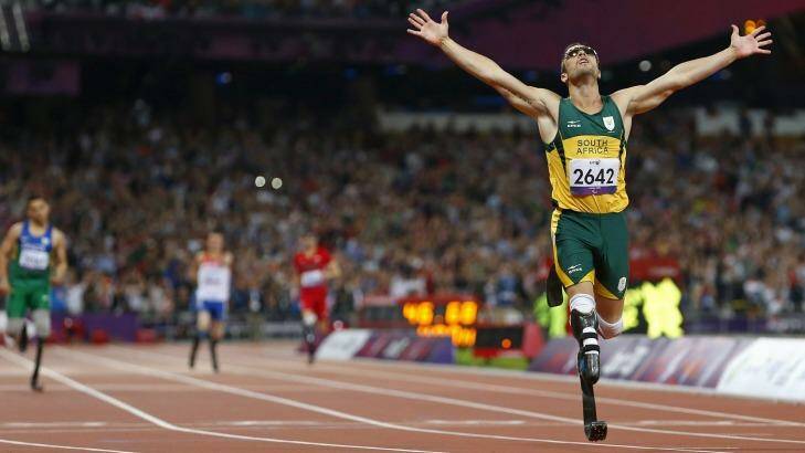 Oscar Pistorius celebrates winning the Men's 400m T44 final during the London 2012 Paralympic Games. Photo: Andrew Winning