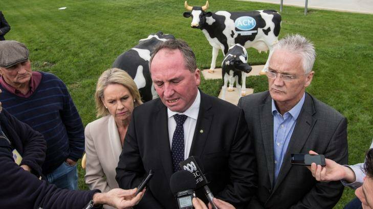 Deputy Prime Minister and Nationals Leader Barnaby Joyce during his visit to dairy farmers and a processing plant in Shepparton last week.  Photo: Jason South