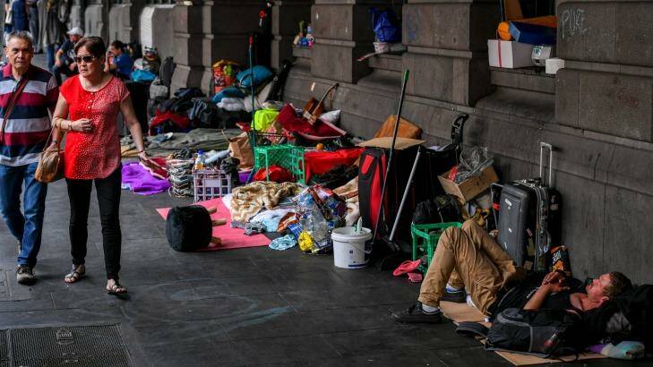 A large homeless camp outside Flinders Street Station. Photo: Eddie Jim