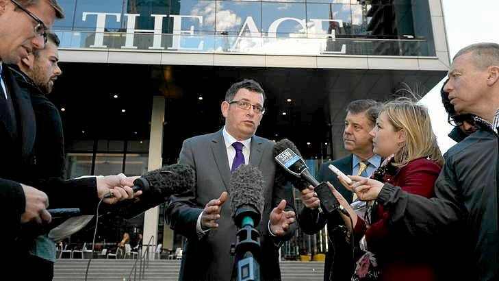 Daniel Andrews fields media questions on the tapes affair last Monday. Photo: Justin McManus