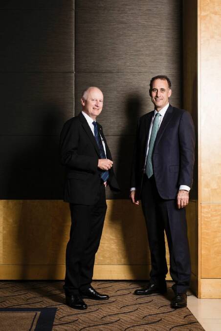 SYDNEY, AUSTRALIA - JUNE 07:  Outgoing Wesfarmers CEO Richard Goyder with incoming CEO Rob Scott at the Westin Hotel on June 7, 2017 in Sydney, Australia.  (Photo by Dominic Lorrimer/Fairfax Media)