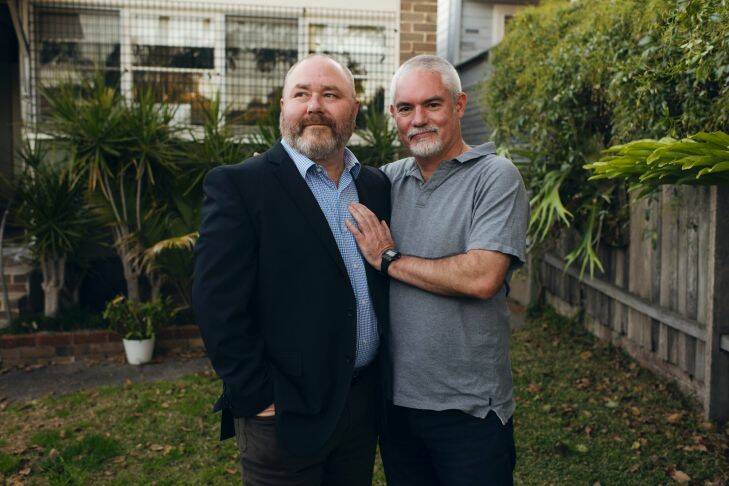 Nason Hansford - in jacket, with partner Bruce Wright. Case Study on Same Sex Marriage Postal Vote. Thursday 7th September 2017. Photograph by James Brickwood. SMH NEWS 170907