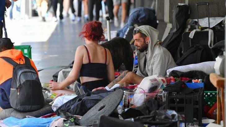 Homeless people at the camp near Flinders Street Station. Photo: Joe Armao