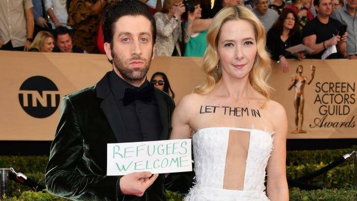 The only star to use the opportunity to wear their heart on their sleeve about the injustice of Trump's Muslim ban was The Big Bang Theory's Simon Helberg and his wife Jocelyn Towne. Photo: Steve Granitz