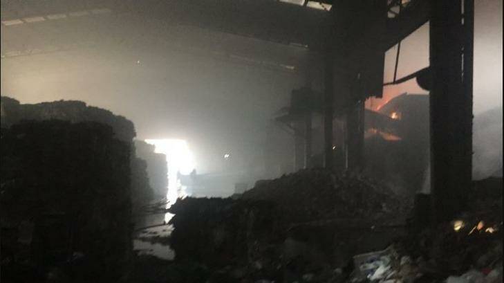 Inside the SKM Recyling factory in Coolaroo after the blaze. Photo: Twitter/@MFB_NEWS