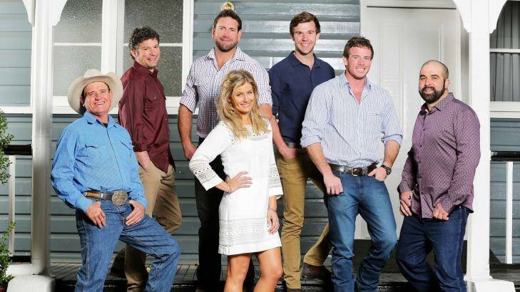 The farmers on offer for TV dating show The Farmer Wants a Wife, with host Sam McClymont.  Photo: supplied
