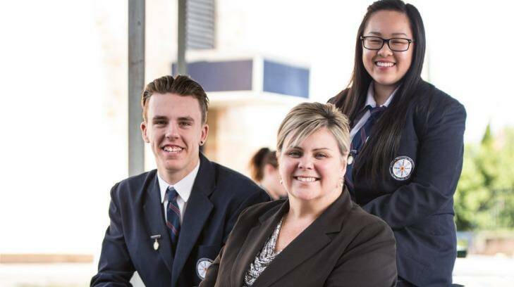 Principal Donna Loughran of Doonside Technology High School with school captains Ryan Hadley and Jenny Dinh. She is being accredited as a lead teacher among the first batch of lead teachers under NSW education reforms.  Photo: Wolter Peeters