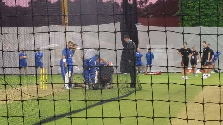 Australia players and staff surround an Adelaide club cricketer after he was struck on the head by a ball hit by all-rounder Mitch Marsh during a training session under floodlights at Adelaide Oval, in preparation for the pink-ball Test.  Photo: Jesse Hogan