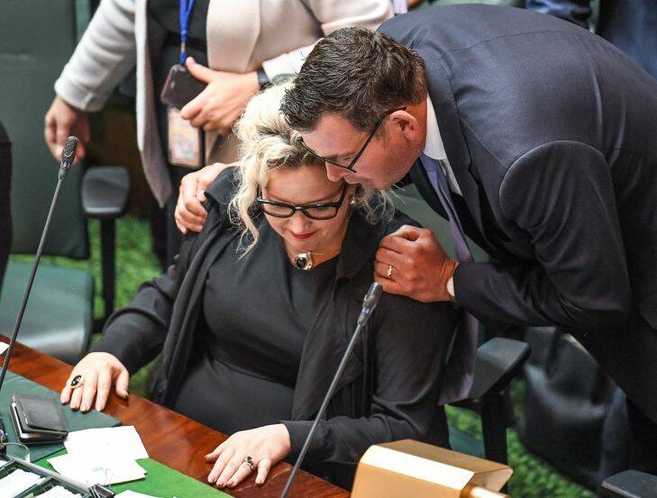 The Age, News, 20/10/2017, Photo by Justin McManus. State Parliament in an all night sitting debating the euthanasia bill. Prenier Daniel Andrews congratulates Health Minister Jill Hennessy on the passing of the bill in the lower house.