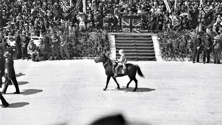 Lennie Gwyther, 9, on his pony Ginger Mick, passing the official dais at the opening of the Sydney Harbour Bridge, 1932. Photo  courtesy State Library of New South Wales. 