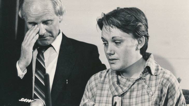 Kylie Maybury's mother Julie and her grandfather, John Moss, at a press conference in November 1984. Photo: John Lamb